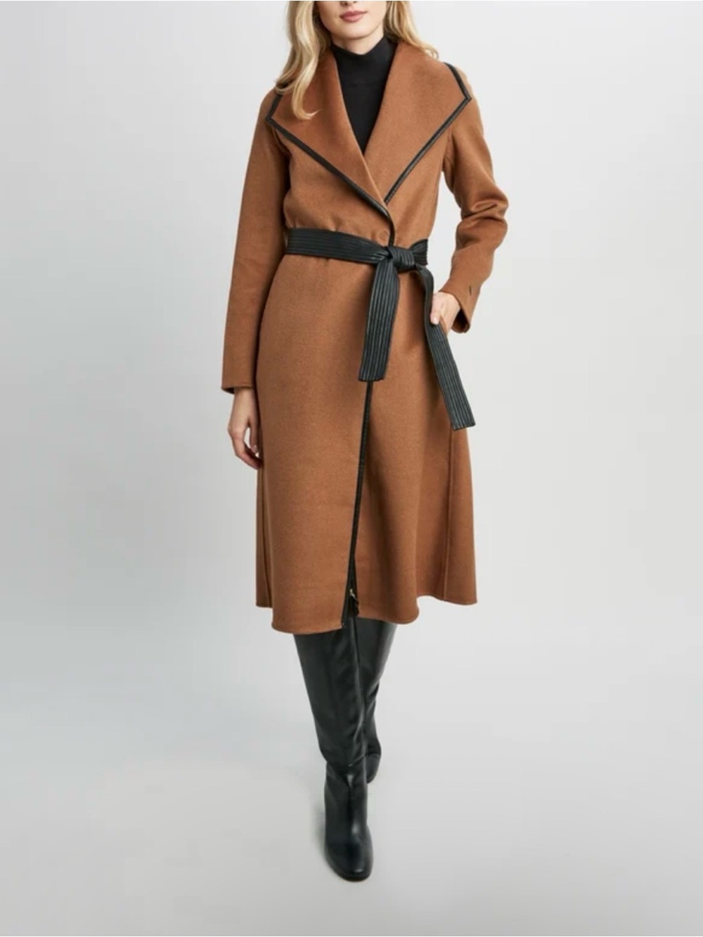New Tahari Women Juliette Belted Midi Wool Coat in Caramel Brown & Black Sz PXXL